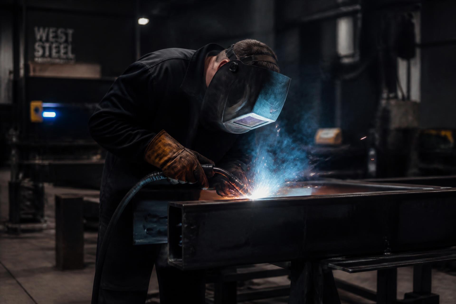 Soldador operando máquina de solda MIG em ambiente industrial